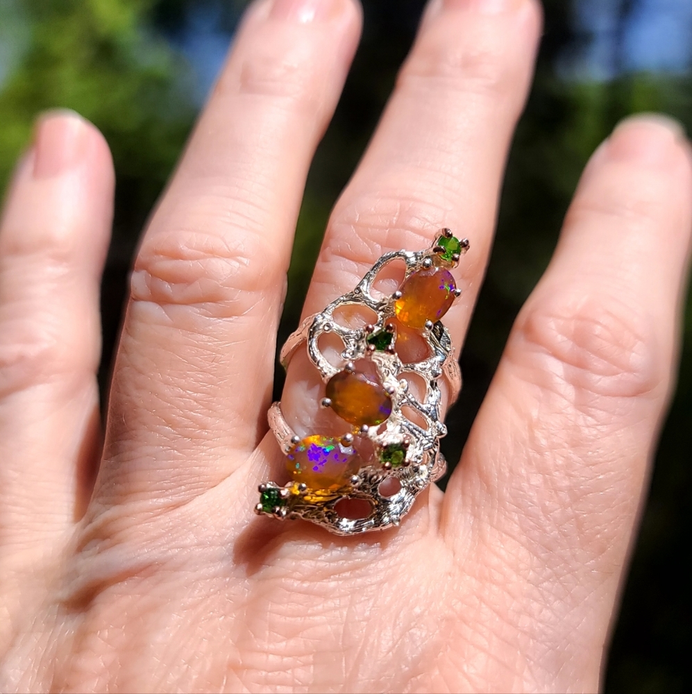 FIRE 🔥 Opals & Chrome Diopside sterling ring sz 7 - Picture 5 of 8